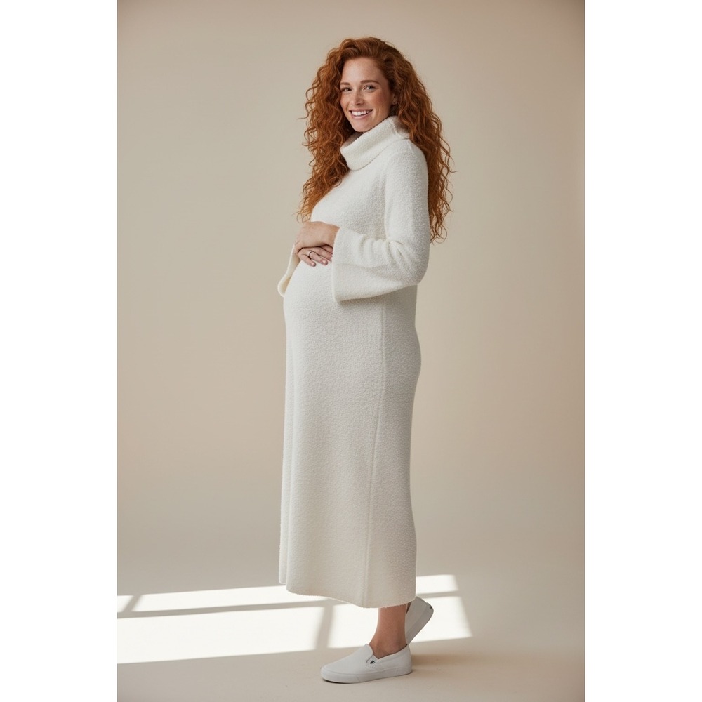 Summer Mae Maternity Cream Fuzzy Bouclé Turtleneck Bell Sleeve Sweater Dress NWT